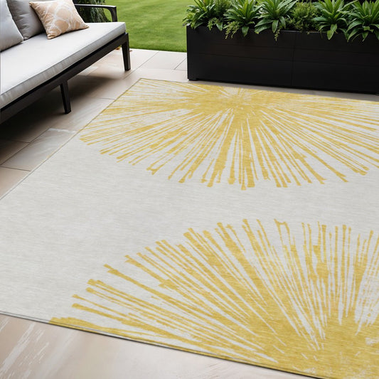 5' X 8' Gold And Ivory Abstract Washable Indoor Outdoor Area Rug