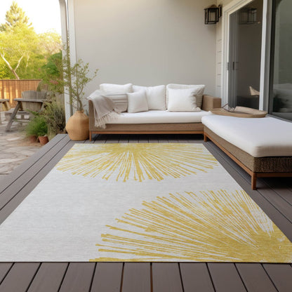 5' X 8' Gold And Ivory Abstract Washable Indoor Outdoor Area Rug