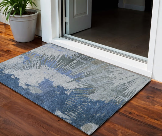 3' X 5' Denim Blue And Navy Blue Abstract Washable Indoor Outdoor Area Rug