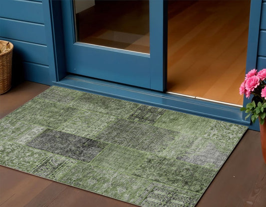 3' X 5' Olive Green And Gray Patchwork Washable Indoor Outdoor Area Rug
