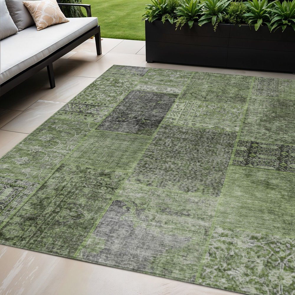 3' X 5' Olive Green And Gray Patchwork Washable Indoor Outdoor Area Rug