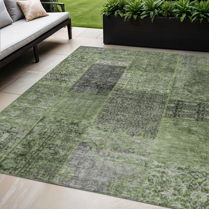 3' X 5' Olive Green And Gray Patchwork Washable Indoor Outdoor Area Rug