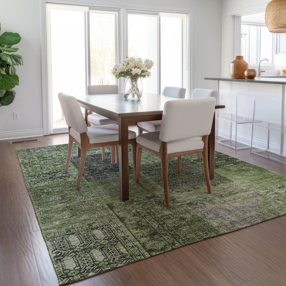 3' X 5' Olive Green And Gray Patchwork Washable Indoor Outdoor Area Rug
