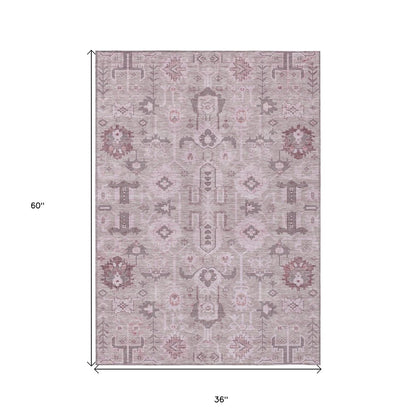 3' X 5' Pink Mauve And Blush Oriental Washable Indoor Outdoor Area Rug