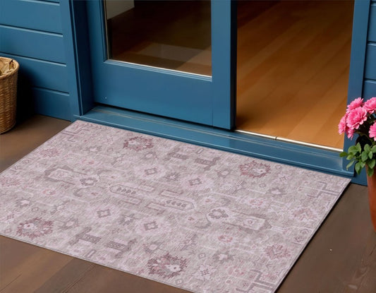 3' X 5' Pink Mauve And Blush Oriental Washable Indoor Outdoor Area Rug