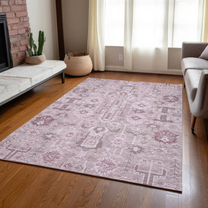 3' X 5' Pink Mauve And Blush Oriental Washable Indoor Outdoor Area Rug