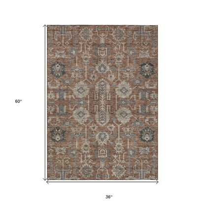3' X 5' Brown Gray And Charcoal Oriental Washable Indoor Outdoor Area Rug