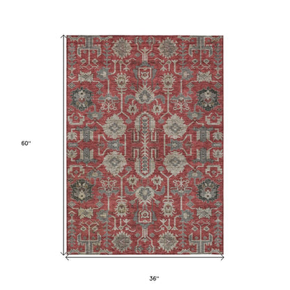 3' X 5' Red Beige And Charcoal Oriental Washable Indoor Outdoor Area Rug