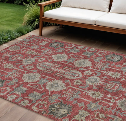 3' X 5' Red Beige And Charcoal Oriental Washable Indoor Outdoor Area Rug