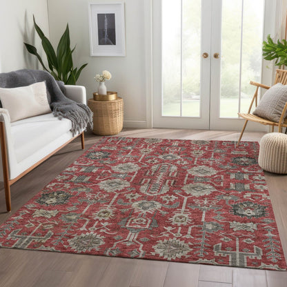 3' X 5' Red Beige And Charcoal Oriental Washable Indoor Outdoor Area Rug