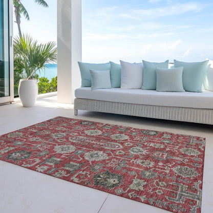 3' X 5' Red Beige And Charcoal Oriental Washable Indoor Outdoor Area Rug