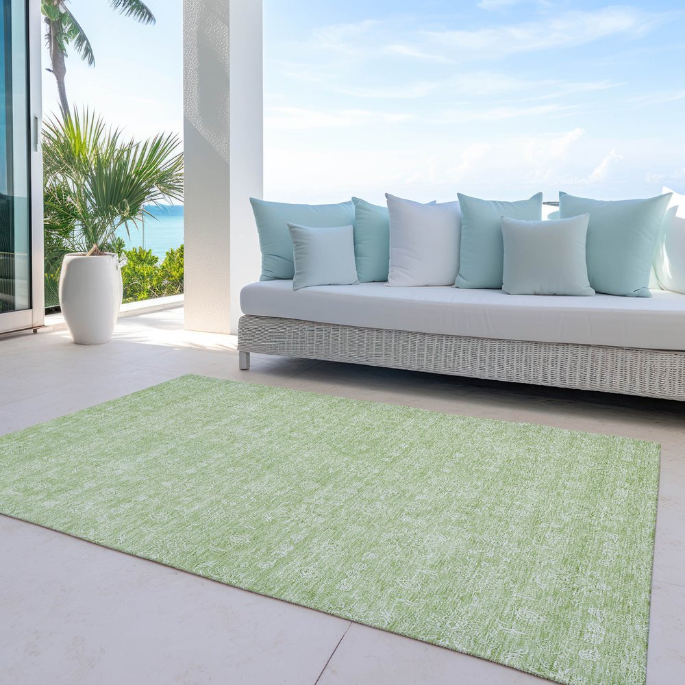 3' X 5' Artichoke Green Mint Green And Ivory Floral Washable Indoor Outdoor Area Rug