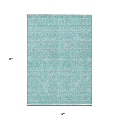 3' X 5' Aqua And Ivory Floral Washable Indoor Outdoor Area Rug