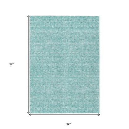 3' X 5' Aqua And Ivory Floral Washable Indoor Outdoor Area Rug