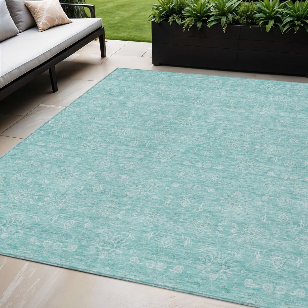 3' X 5' Aqua And Ivory Floral Washable Indoor Outdoor Area Rug