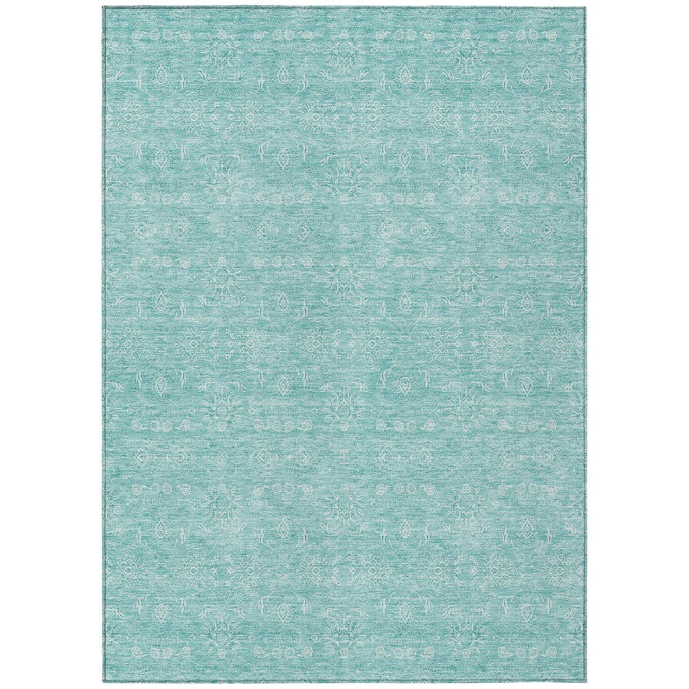 3' X 5' Aqua And Ivory Floral Washable Indoor Outdoor Area Rug