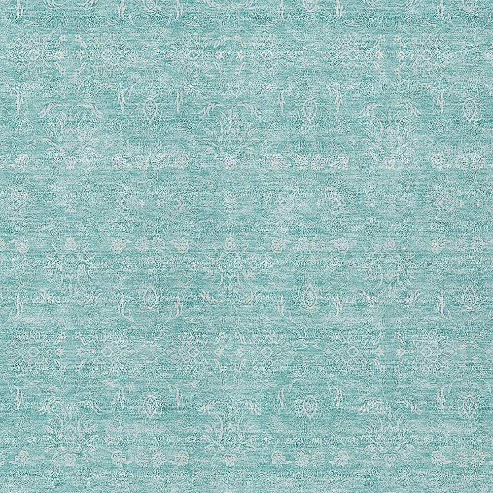 3' X 5' Aqua And Ivory Floral Washable Indoor Outdoor Area Rug