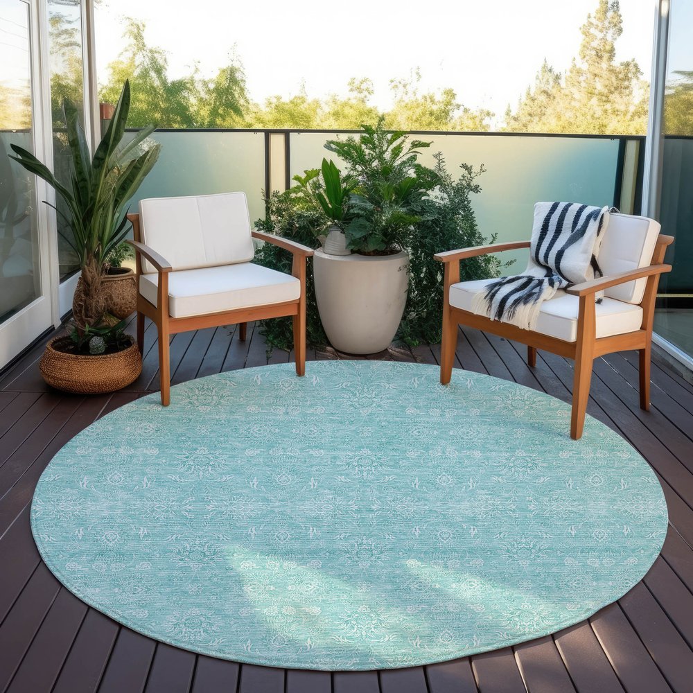3' X 5' Aqua And Ivory Floral Washable Indoor Outdoor Area Rug
