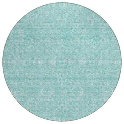 3' X 5' Aqua And Ivory Floral Washable Indoor Outdoor Area Rug