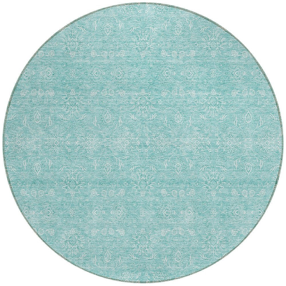 3' X 5' Aqua And Ivory Floral Washable Indoor Outdoor Area Rug