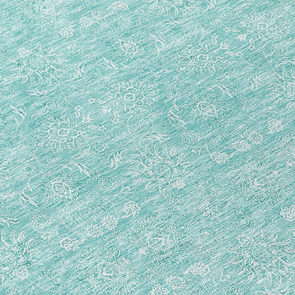 3' X 5' Aqua And Ivory Floral Washable Indoor Outdoor Area Rug