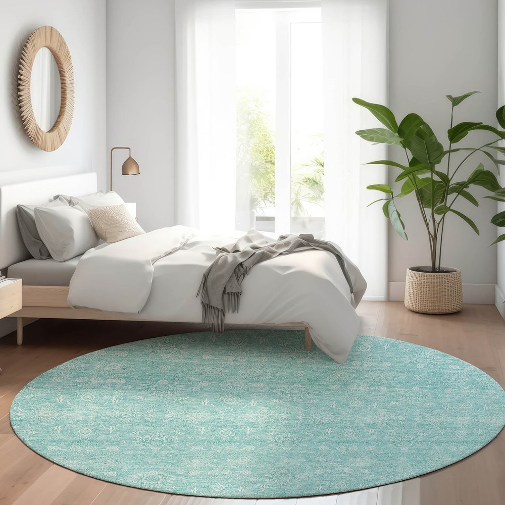 3' X 5' Aqua And Ivory Floral Washable Indoor Outdoor Area Rug