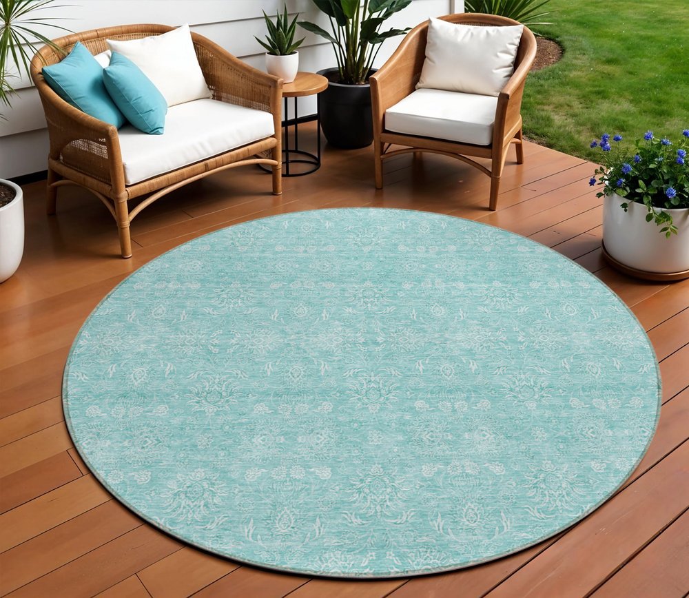 3' X 5' Aqua And Ivory Floral Washable Indoor Outdoor Area Rug