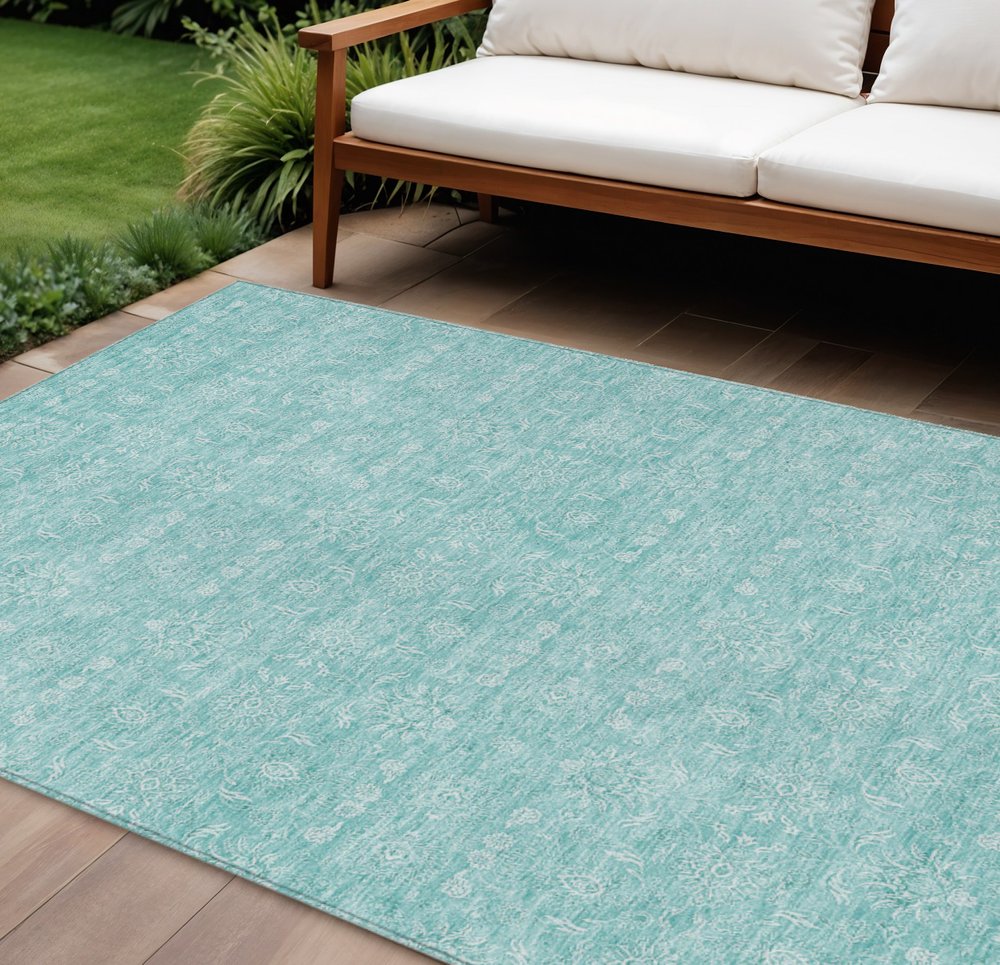 3' X 5' Aqua And Ivory Floral Washable Indoor Outdoor Area Rug