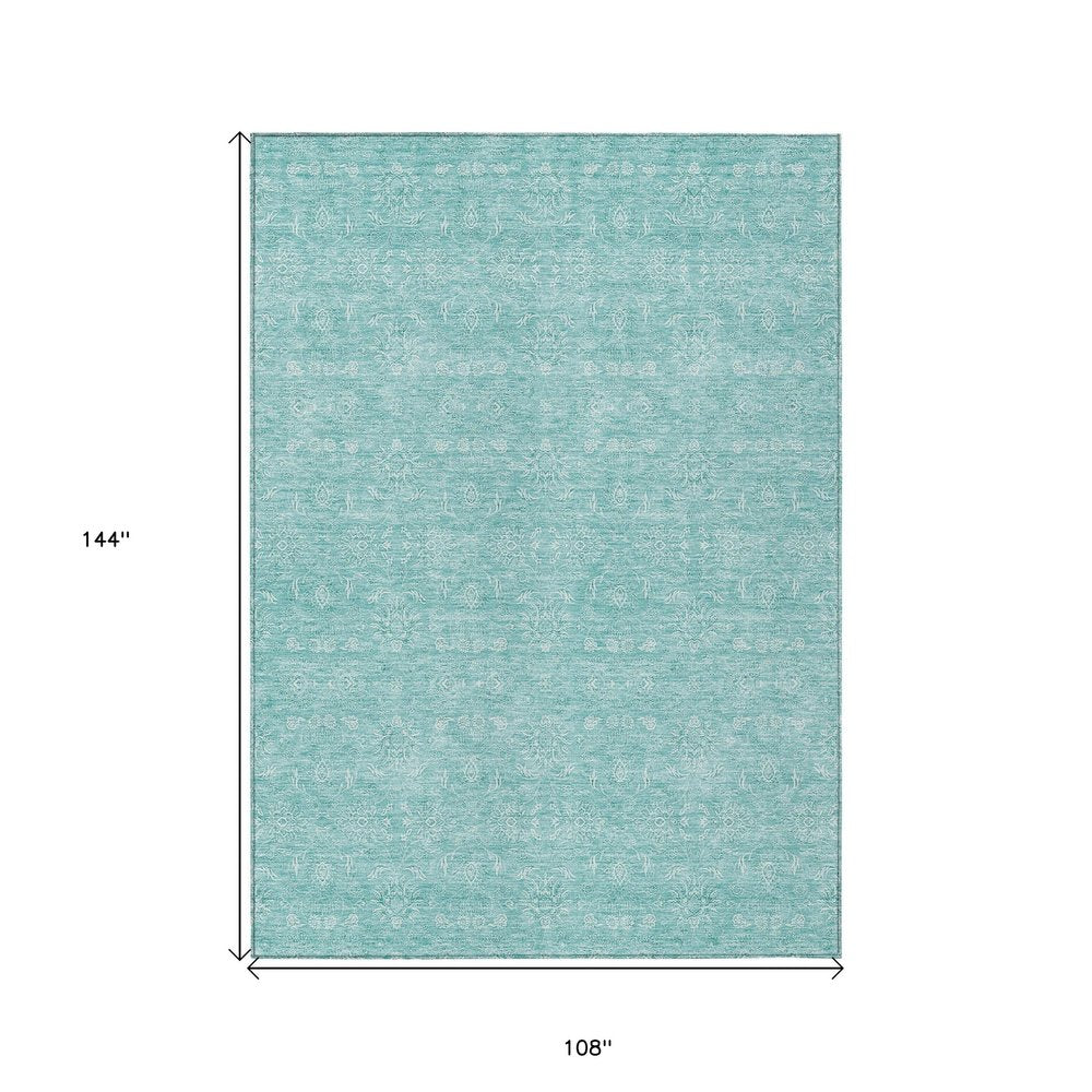 3' X 5' Aqua And Ivory Floral Washable Indoor Outdoor Area Rug