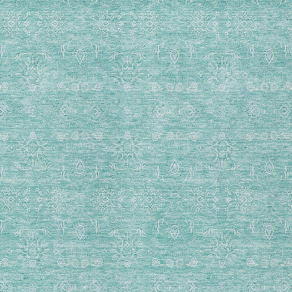 3' X 5' Aqua And Ivory Floral Washable Indoor Outdoor Area Rug