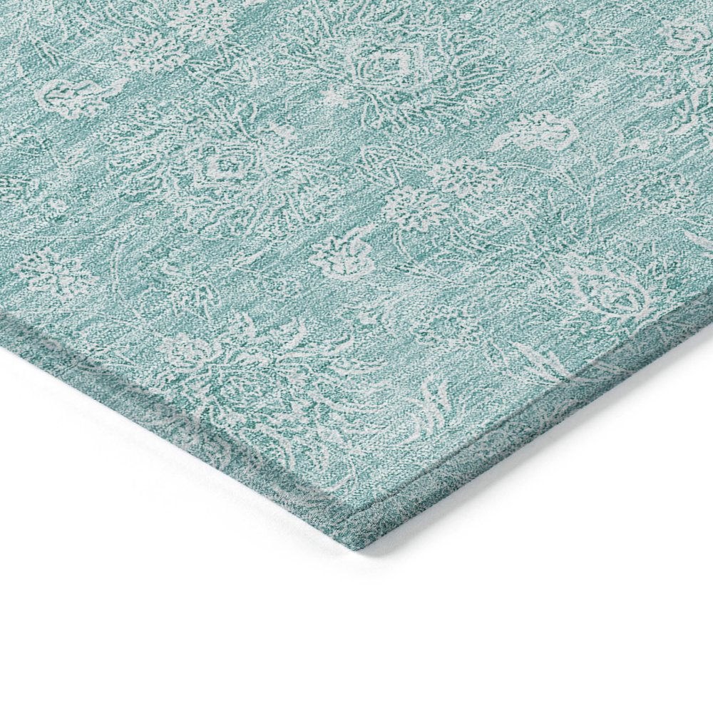 3' X 5' Aqua And Ivory Floral Washable Indoor Outdoor Area Rug
