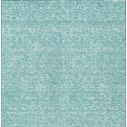 3' X 5' Aqua And Ivory Floral Washable Indoor Outdoor Area Rug