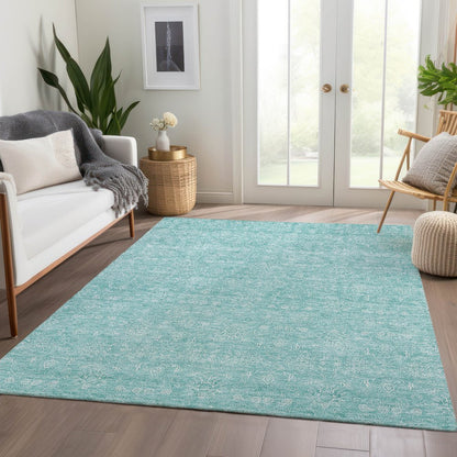 3' X 5' Aqua And Ivory Floral Washable Indoor Outdoor Area Rug