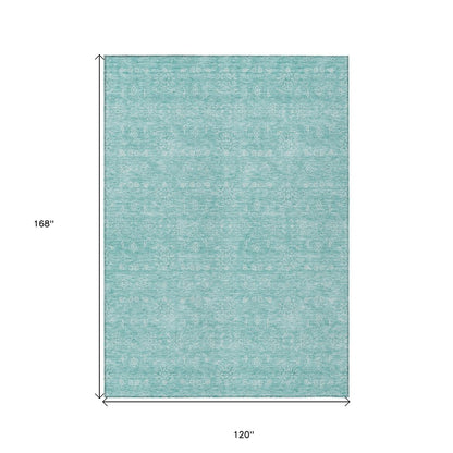 3' X 5' Aqua And Ivory Floral Washable Indoor Outdoor Area Rug