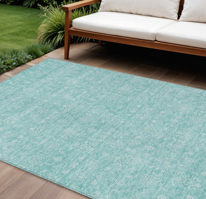 3' X 5' Aqua And Ivory Floral Washable Indoor Outdoor Area Rug