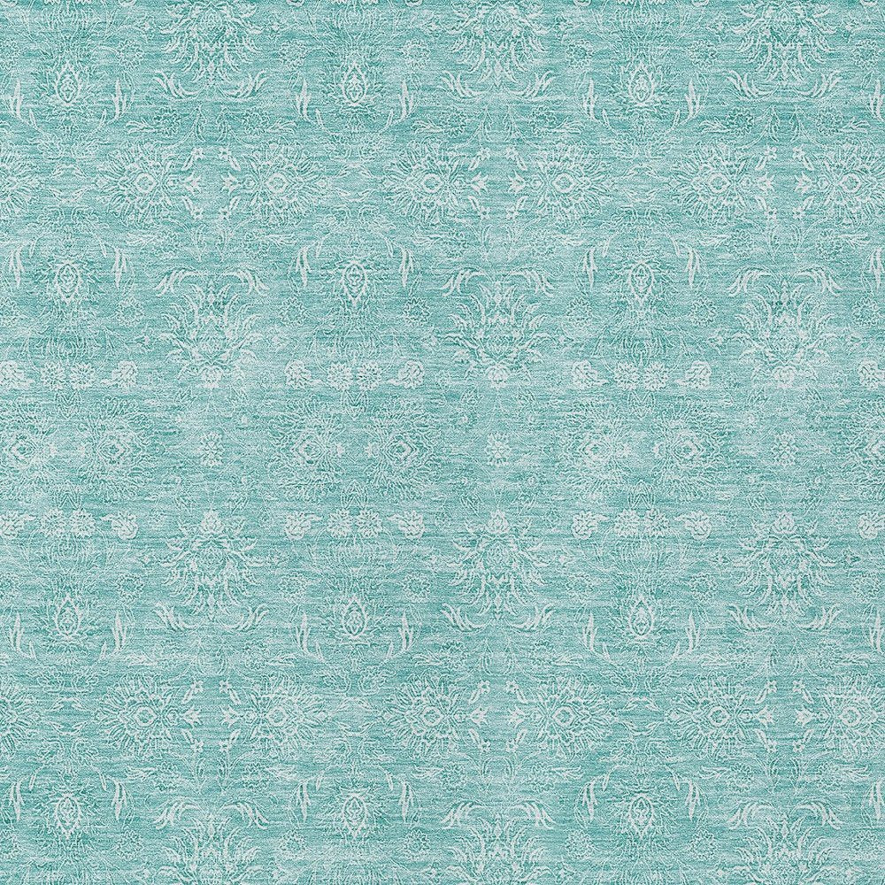 3' X 5' Aqua And Ivory Floral Washable Indoor Outdoor Area Rug