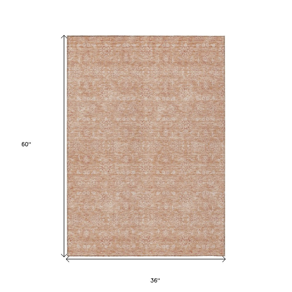 3' X 5' Copper And Beige Floral Washable Indoor Outdoor Area Rug