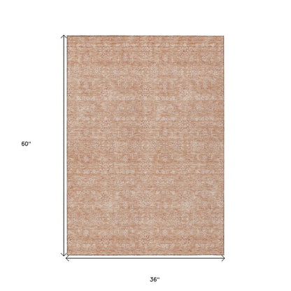 3' X 5' Copper And Beige Floral Washable Indoor Outdoor Area Rug