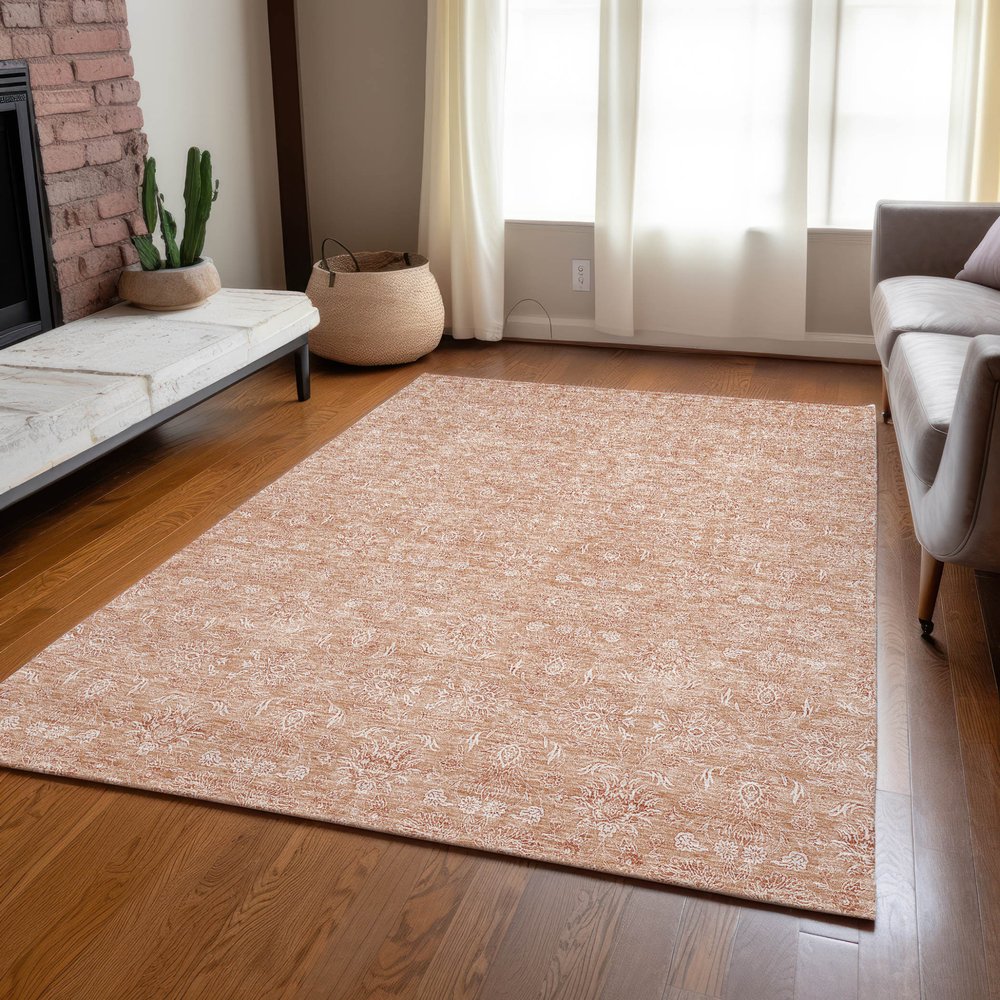 3' X 5' Copper And Beige Floral Washable Indoor Outdoor Area Rug