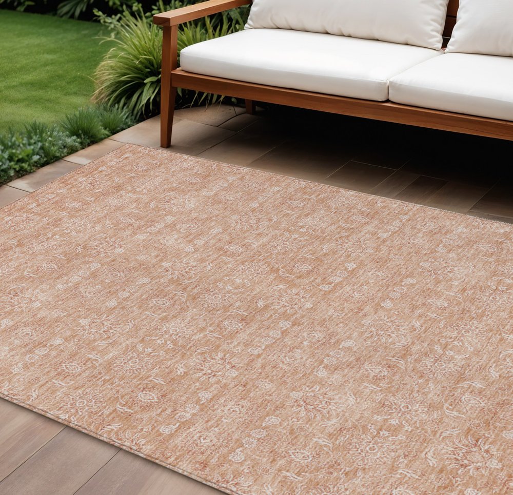 3' X 5' Copper And Beige Floral Washable Indoor Outdoor Area Rug