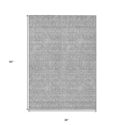 3' X 5' Gray Silver And Ivory Floral Washable Indoor Outdoor Area Rug