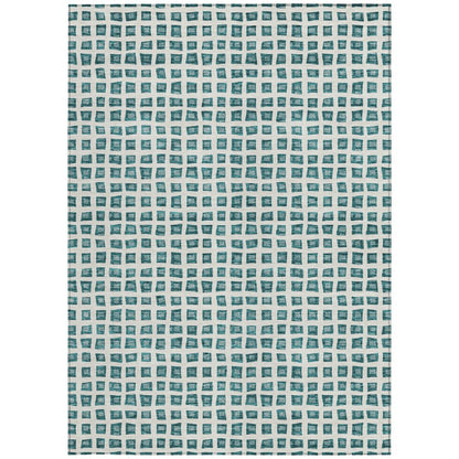 3' X 5' Teal Blue And Ivory Geometric Washable Indoor Outdoor Area Rug