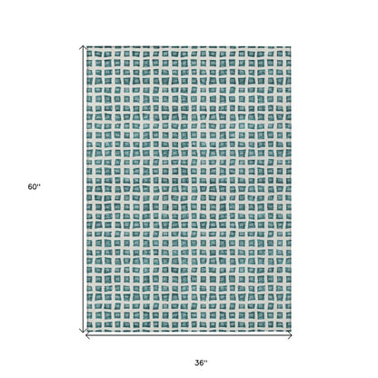 3' X 5' Teal Blue And Ivory Geometric Washable Indoor Outdoor Area Rug