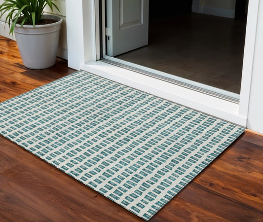 3' X 5' Teal Blue And Ivory Geometric Washable Indoor Outdoor Area Rug