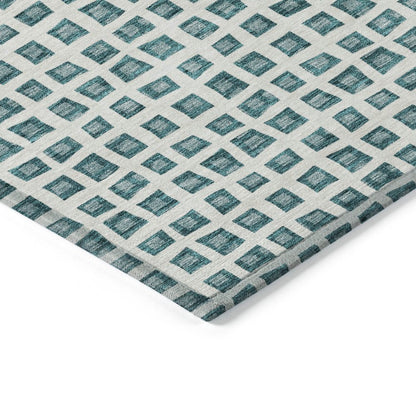 3' X 5' Teal Blue And Ivory Geometric Washable Indoor Outdoor Area Rug