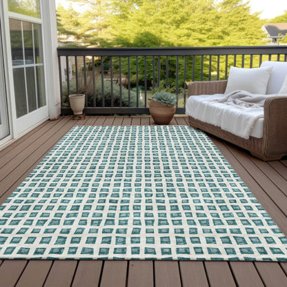 3' X 5' Teal Blue And Ivory Geometric Washable Indoor Outdoor Area Rug