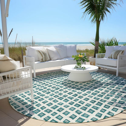 3' X 5' Teal Blue And Ivory Geometric Washable Indoor Outdoor Area Rug