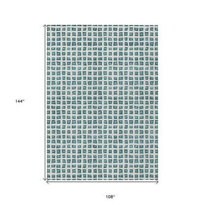 3' X 5' Teal Blue And Ivory Geometric Washable Indoor Outdoor Area Rug