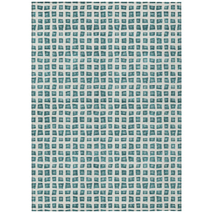3' X 5' Teal Blue And Ivory Geometric Washable Indoor Outdoor Area Rug