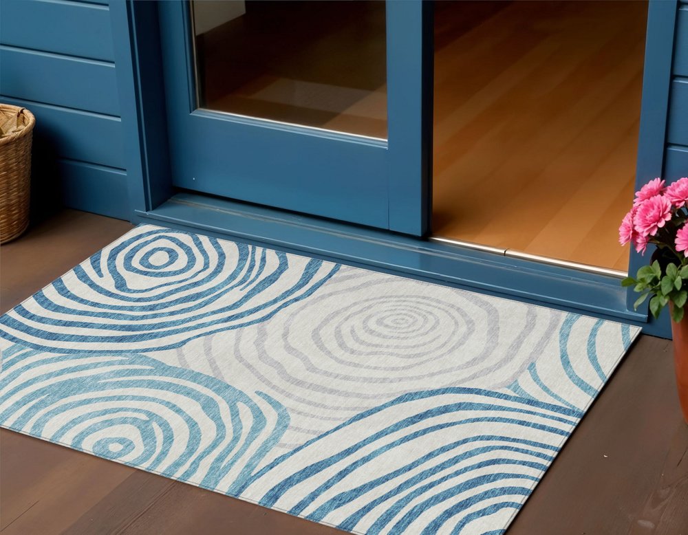 3' X 5' Teal Blue Ivory And Silver Abstract Washable Indoor Outdoor Area Rug